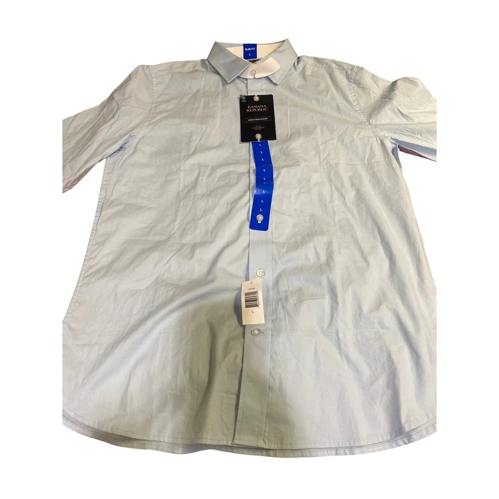 Banana Republic Mens Slim Fit Stretch Poplin Shirt Light Blue Large‎ NWT